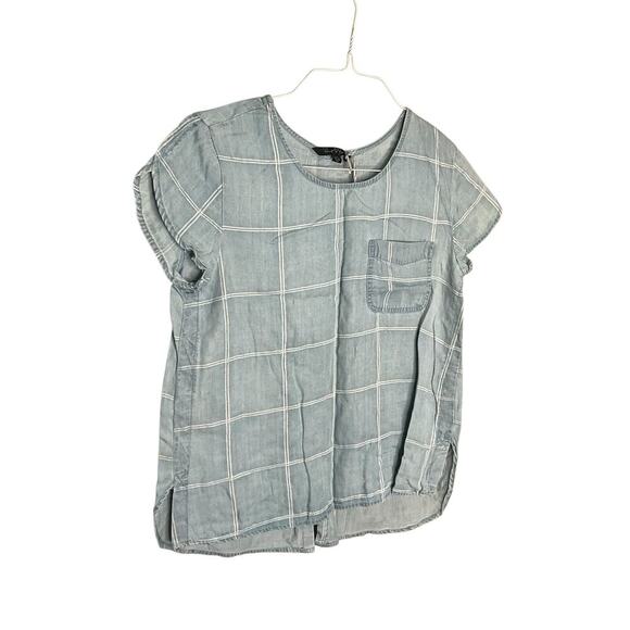 Velvet Rose Tencel Chambray Top Short Sleeves Plaided Blue White Size M NWT - Picture 1 of 3